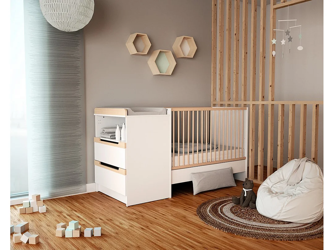 Combiné lit bébé évolutif en bois CARROUSEL Blanc et Hêtre Verni 60 x 120 cm