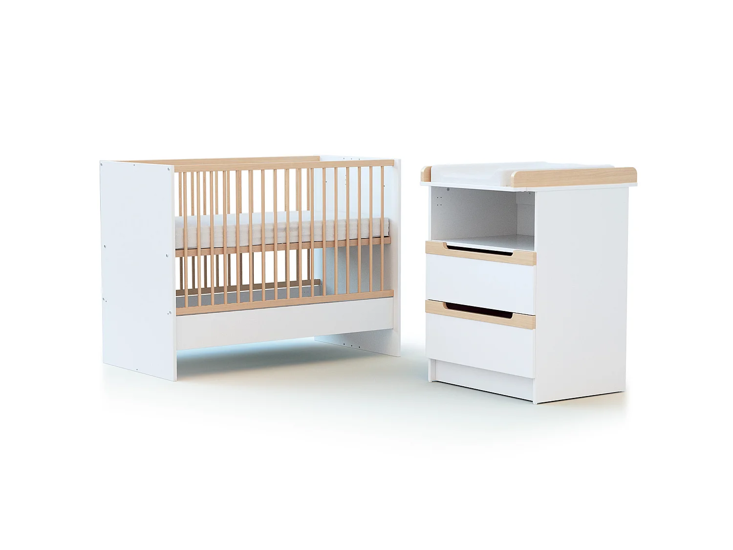 Combiné lit bébé évolutif en bois CARROUSEL Blanc et Hêtre Verni 60 x 120 cm