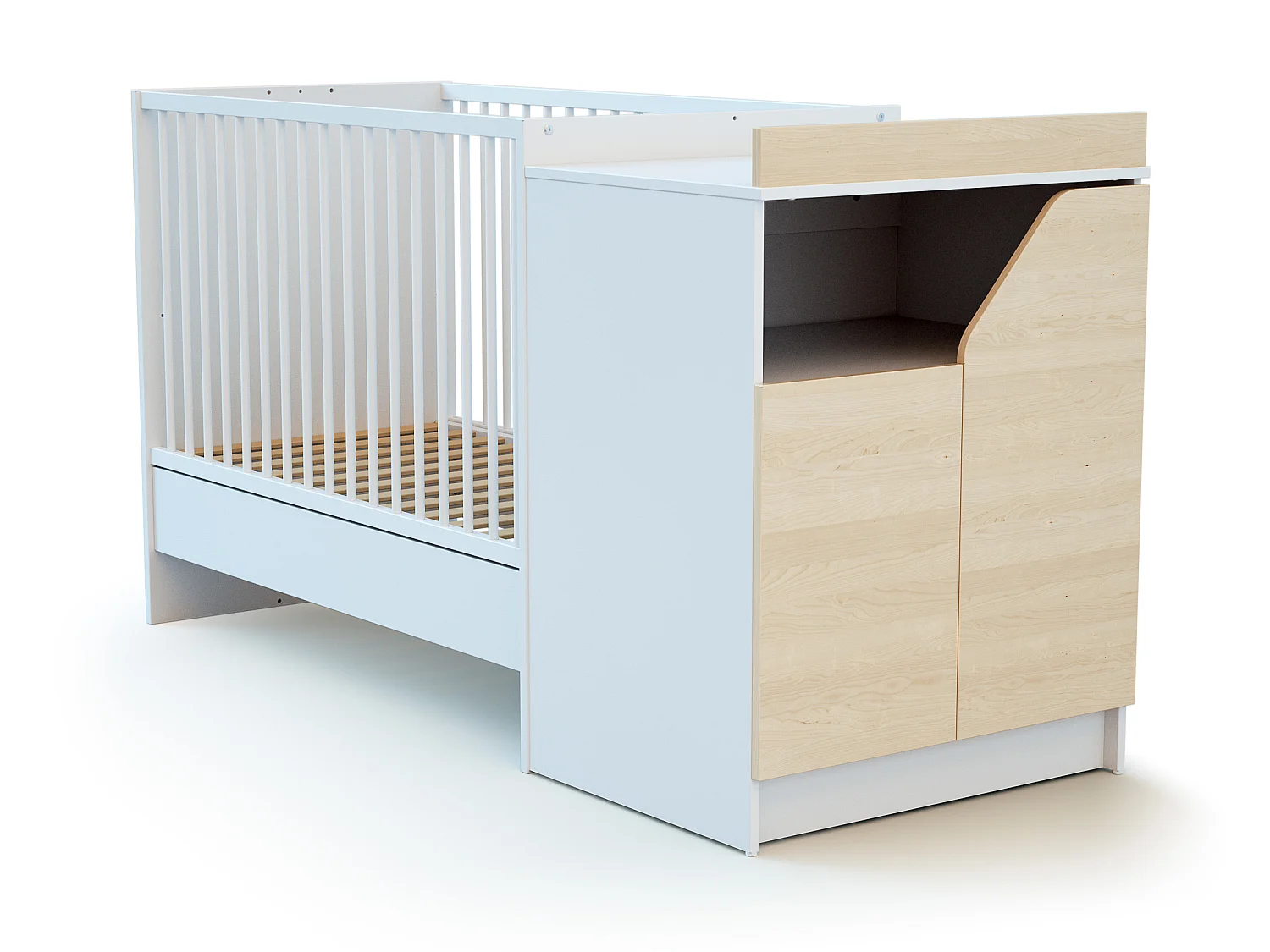 Combiné lit bébé évolutif en bois CARROUSEL Blanc et Hêtre Verni 60 x 120 cm