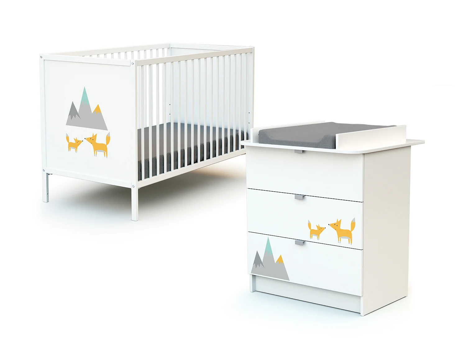 Chambre bébé lit et commode à langer en bois Renard Blanc ALBA