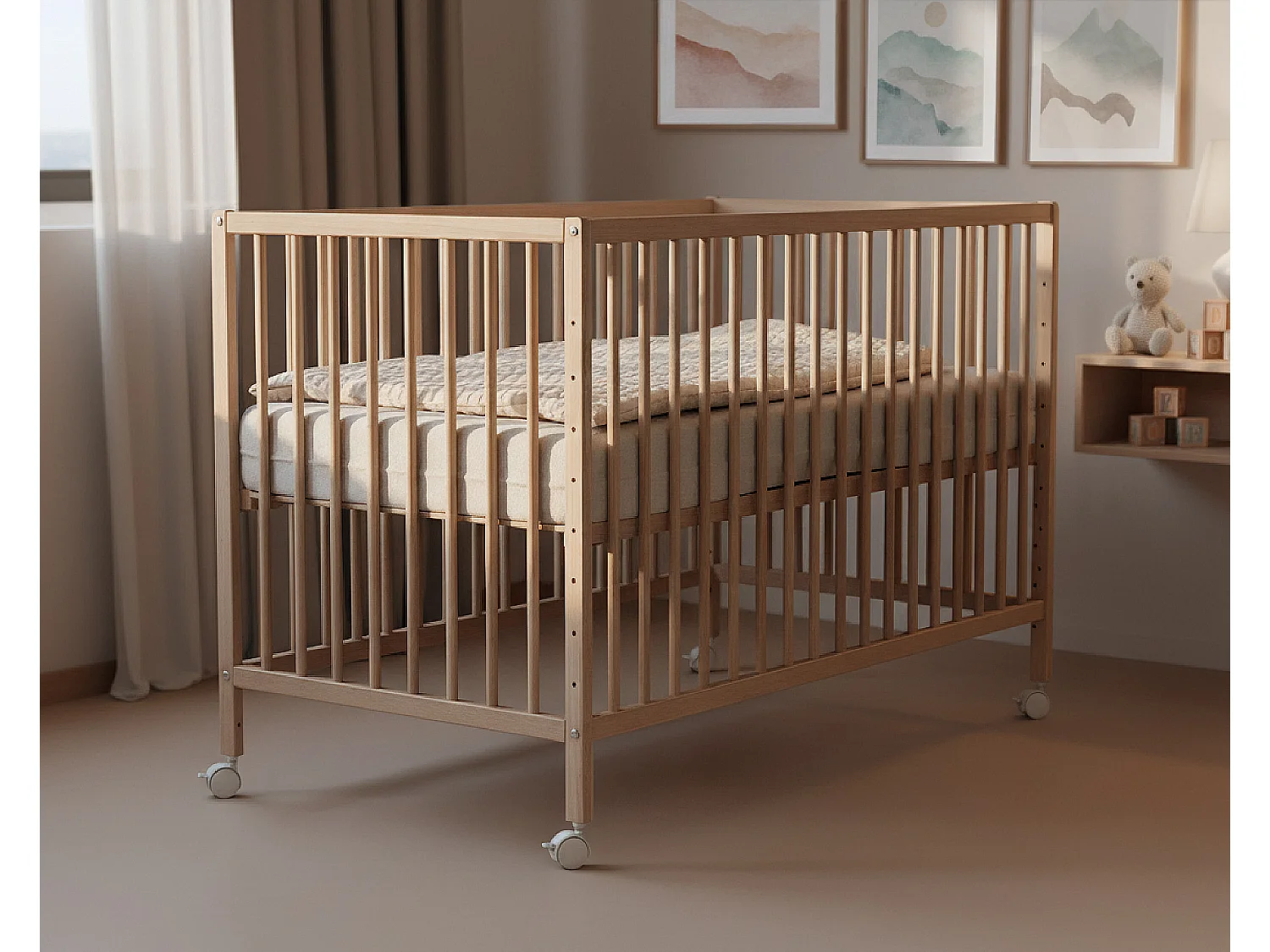 Lit bébé cododo en bois avec roulettes Hêtre Brut 60 x 120 cm LIO