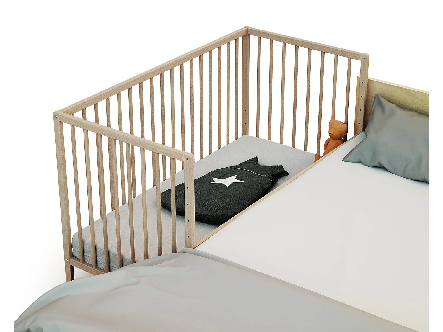 Lit bébé cododo en bois avec roulettes Hêtre Brut 60 x 120 cm LIO