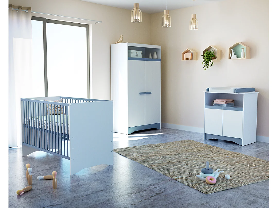 Cómoda cambiador bebé 2 puertas COTILLON madera - Blanco/Azul - 79 x 65,5 x 94 cm