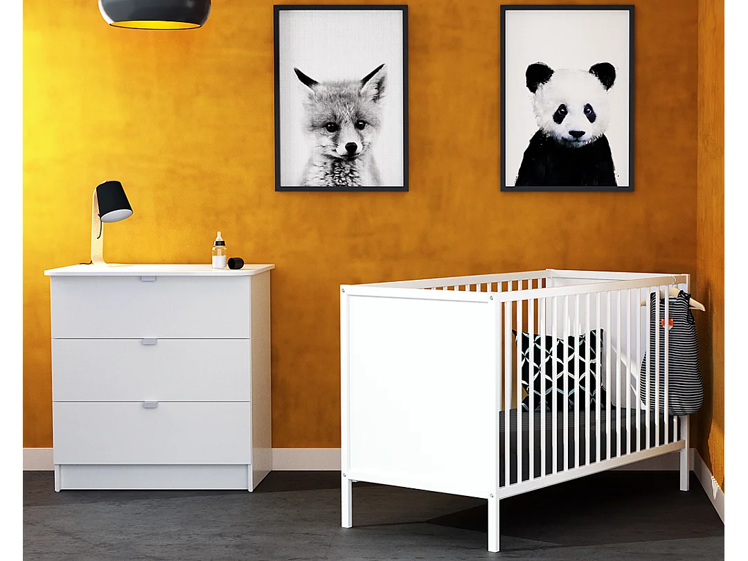 Chambre bébé lit et commode à langer en bois Blanc ALBA