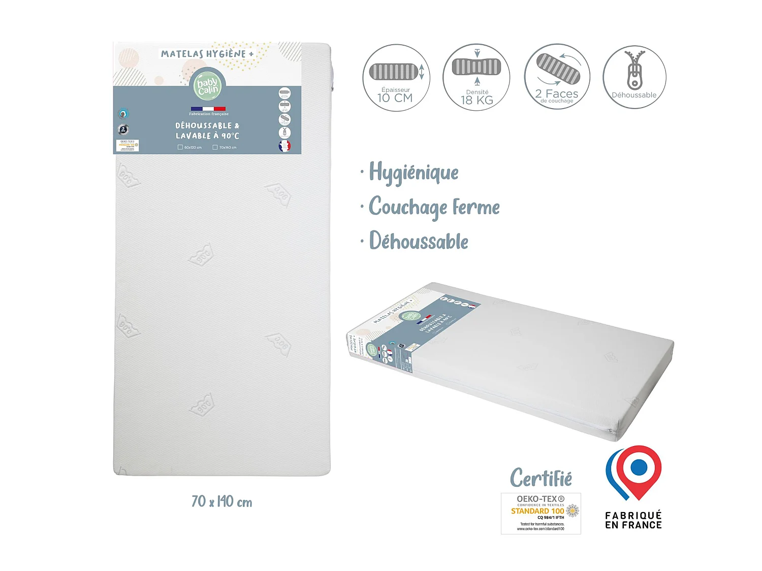 Materasso igienico sfoderabile per lettino 70 x 140 cm - 100% poliuretano - Bianco
