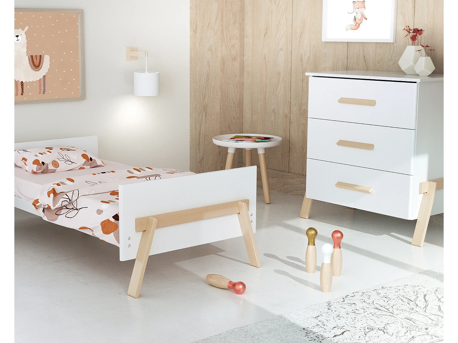 Cuna bebé y cómoda cambiador 3 cajones CANAILLE madera - Blanco/Haya - 70 x 140