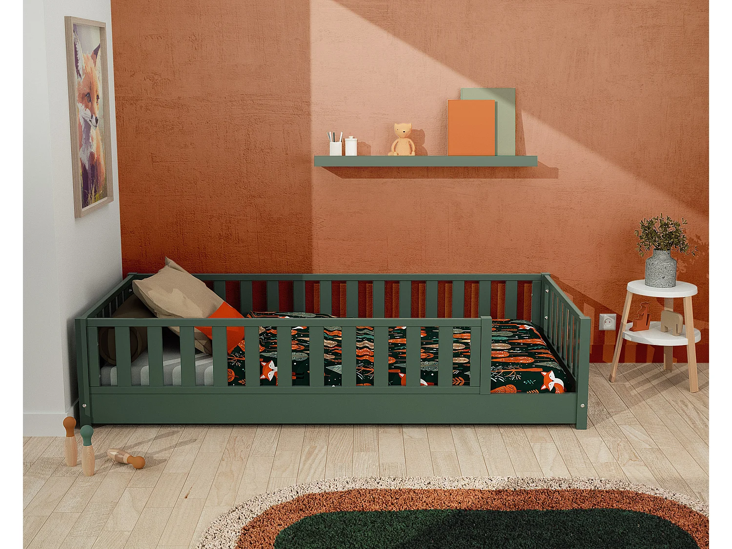 Lit au sol enfant en bois SONHO - 90x190 - Vert sauge