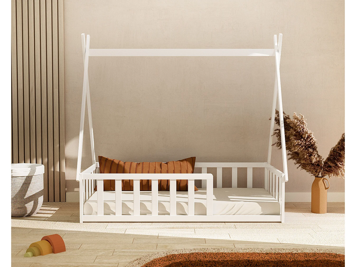 Lit Tipi au sol 70 x 140 en bois Blanc