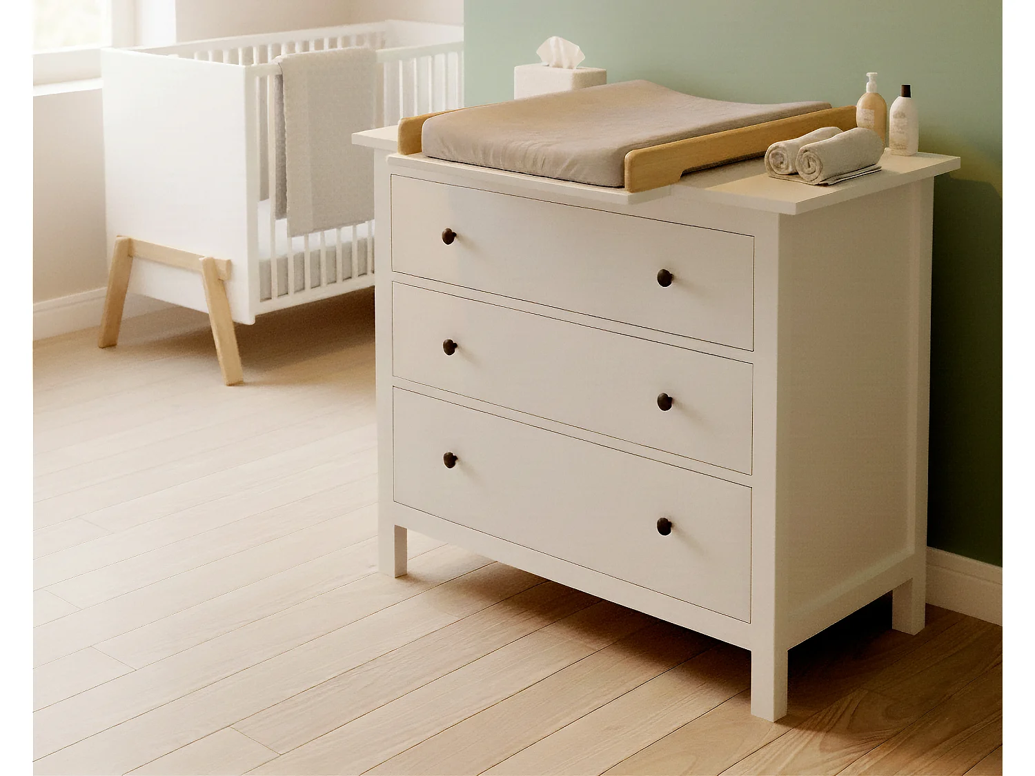 KIRA Cambiador universal de madera de 50 cm para cómoda de bebé - Blanco y Haya barnizada