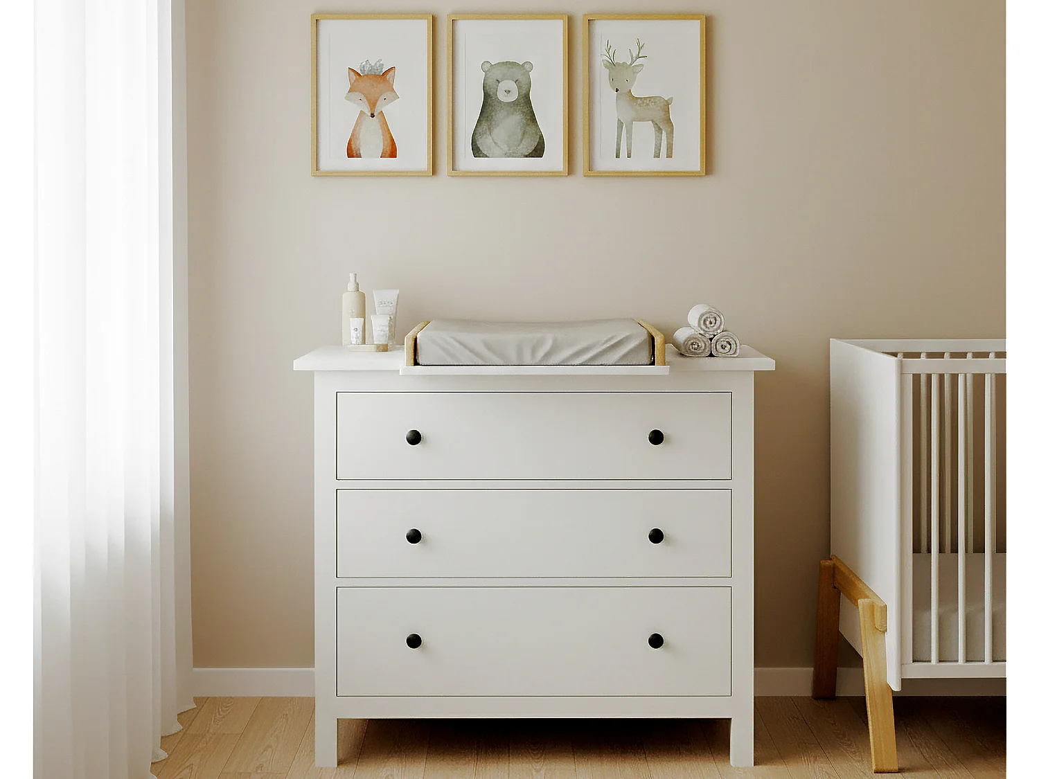 KIRA Cambiador universal de madera de 50 cm para cómoda de bebé - Blanco y Haya barnizada