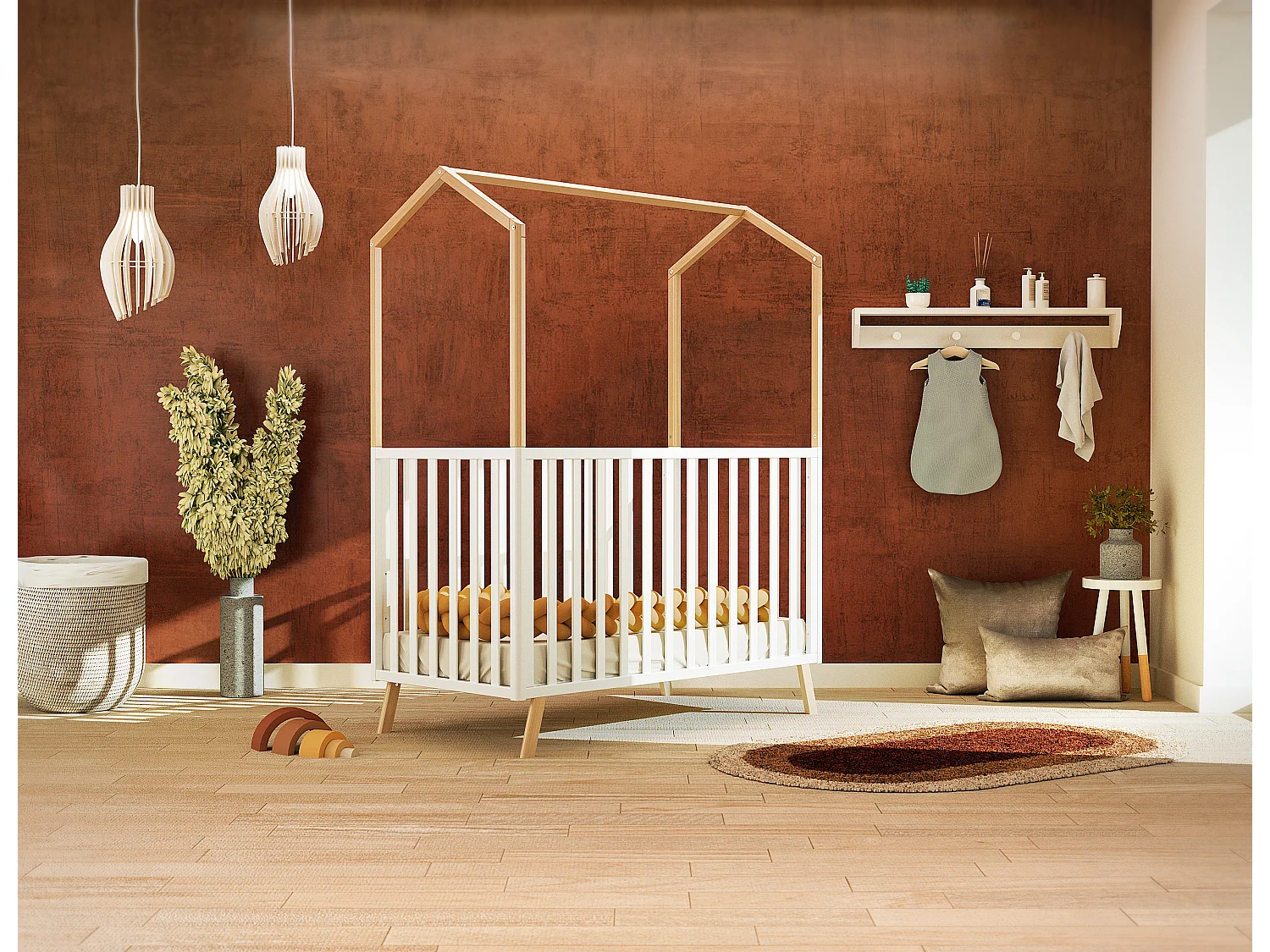 Lit cabane bébé évolutif en bois KASA Blanc et Hêtre Verni 60 x 120 cm