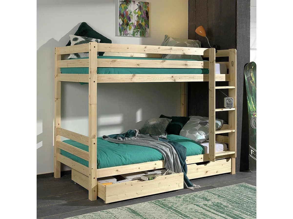 Pack - Lit Superposé Enfant & 2 Tiroirs "Pino" 90x200cm Naturel