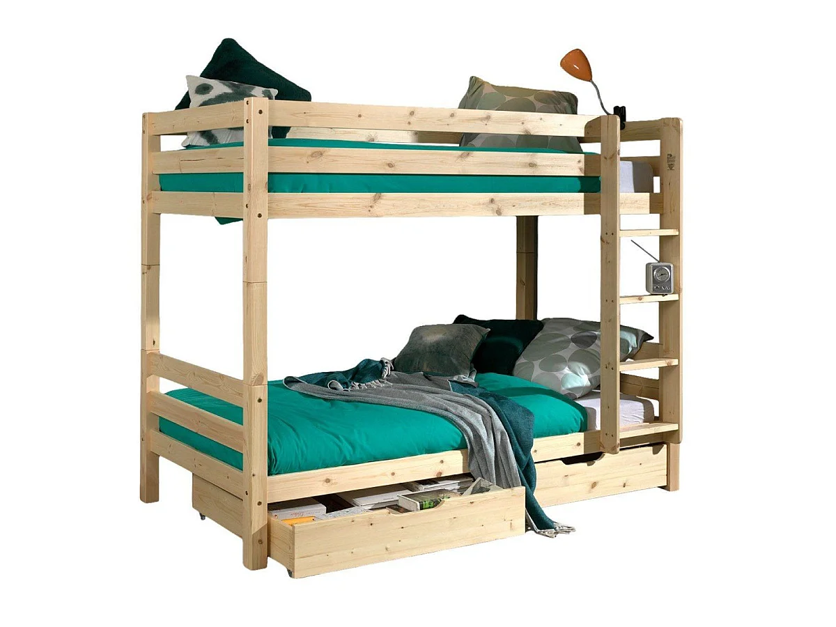 Pack - Lit Superposé Enfant & 2 Tiroirs "Pino" 90x200cm Naturel