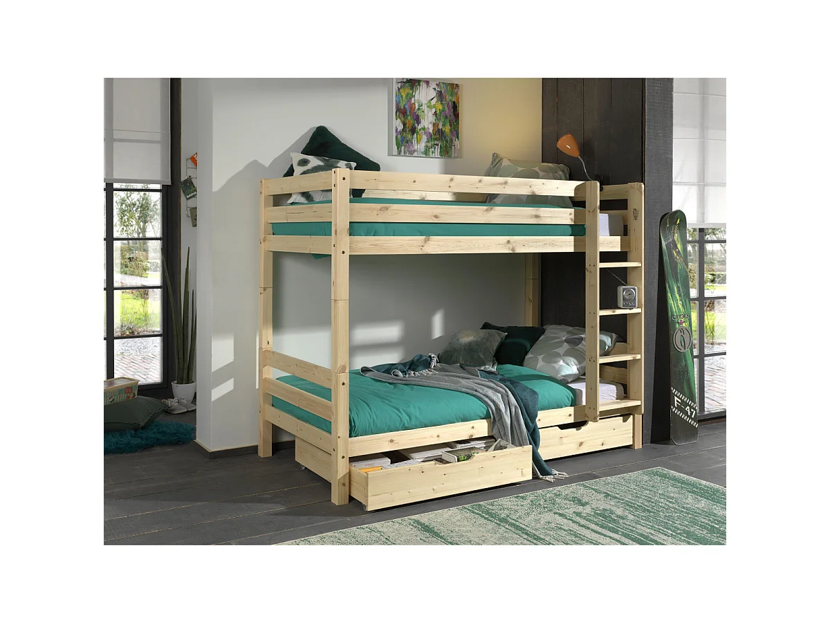 Pack - Lit Superposé Enfant & 2 Tiroirs "Pino" 90x200cm Naturel