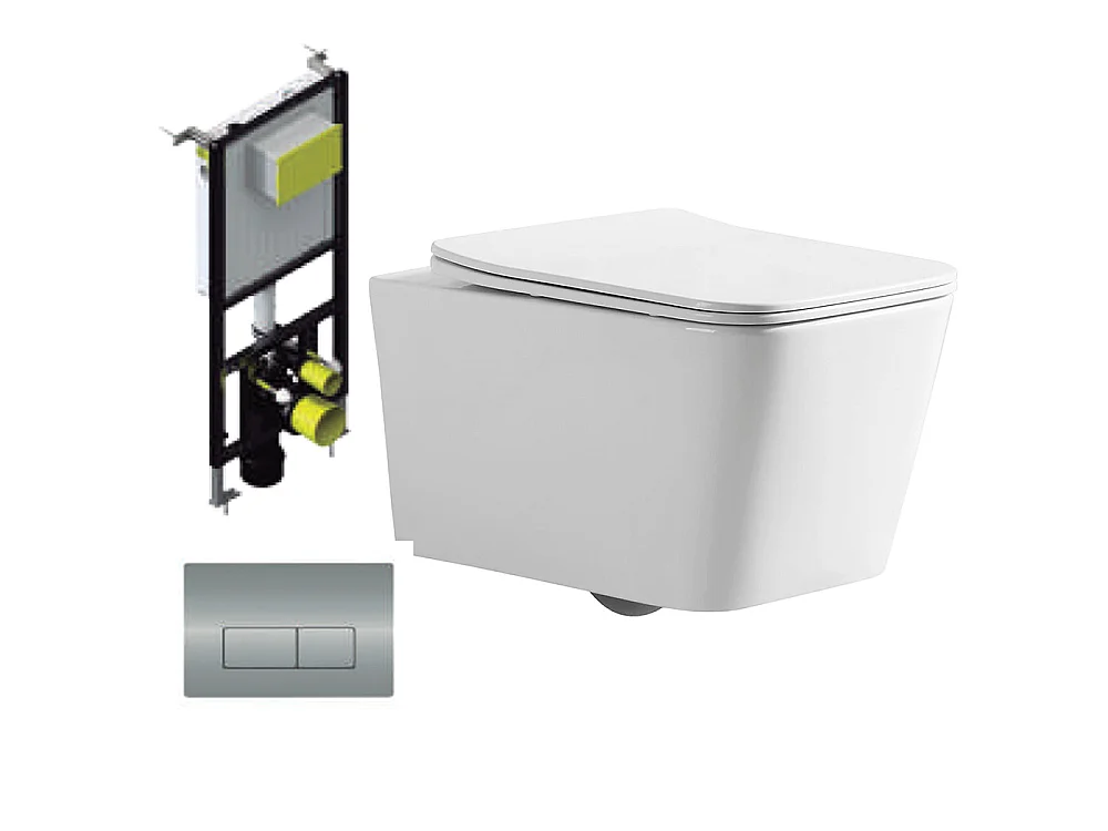 Pack Inodoro Suspendido Cuadrado | Blanco Brillo | Rimless con Cisterna Empotrada y Pulsador Cromo Brillo