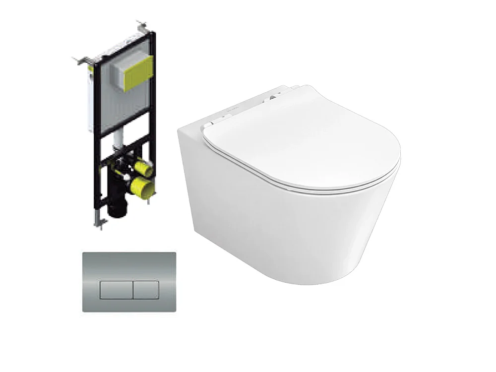 Pack Inodoro Suspendido | Blanco Brillo | Rimless con Cisterna Empotrada y Pulsador Cromo Brillo