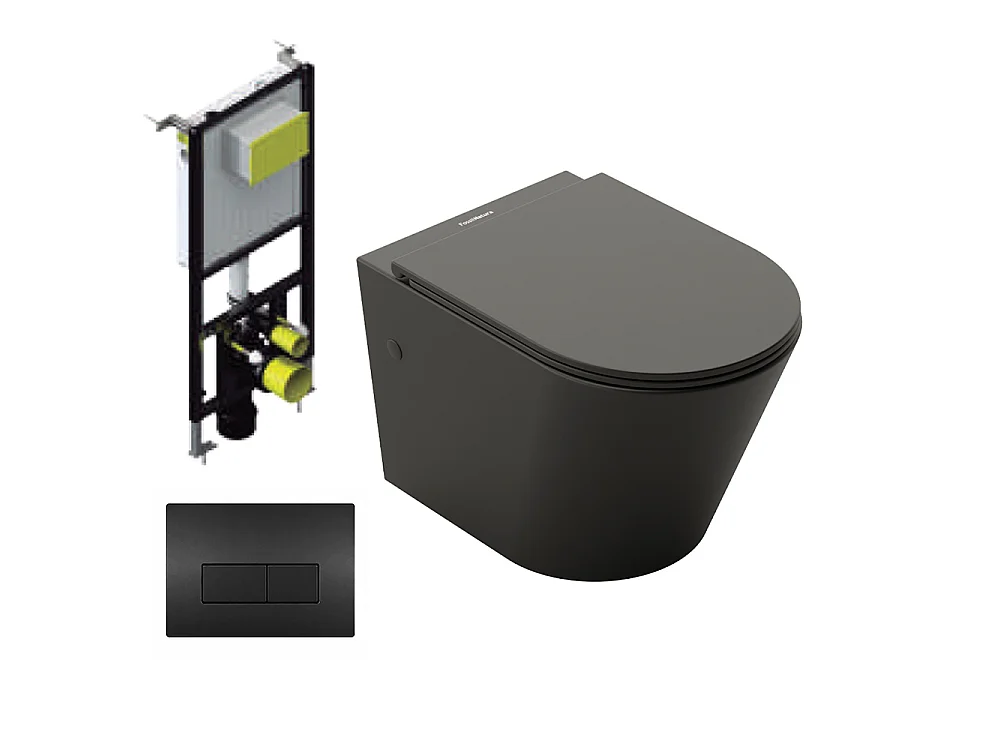 Pack Inodoro Suspendido | Negro Mate | Rimless con Cisterna Empotrada y Pulsador Negro