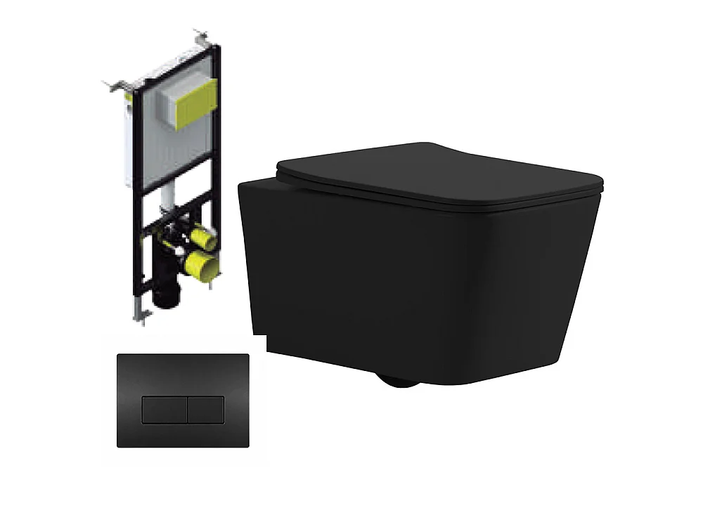 Pack Inodoro Suspendido Cuadrado | Negro Mate | Rimless con Cisterna Empotrada y Pulsador Negro