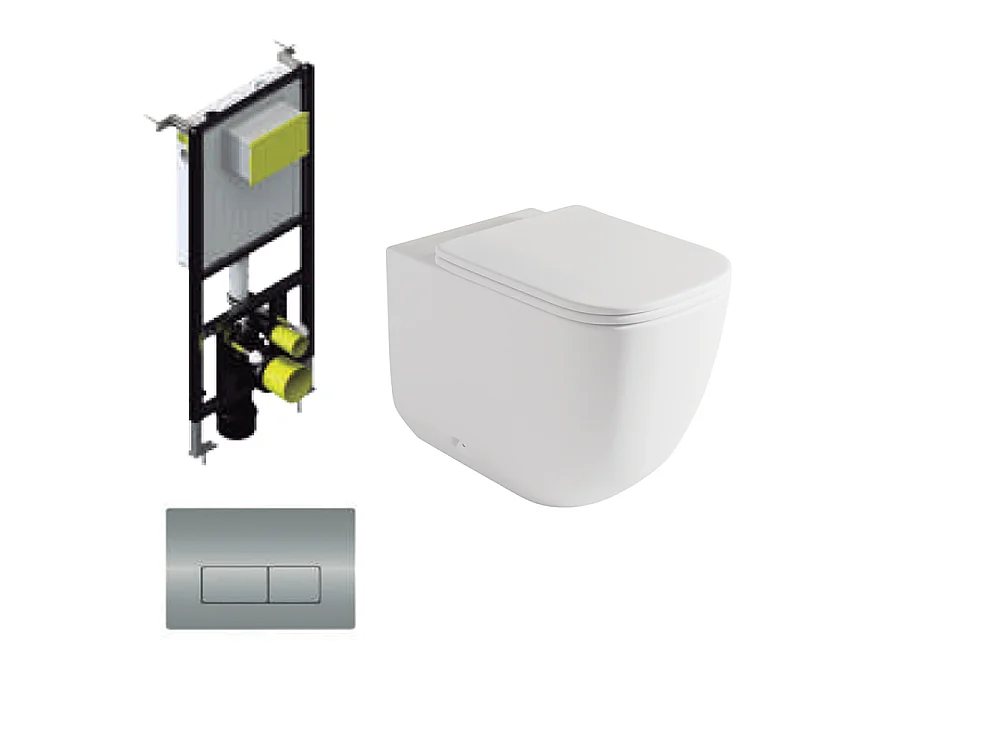 Pack WC Sospeso | Bianco Lucido | Rimless con Cassetta da Incasso e Placca di Comando Cromo Lucido
