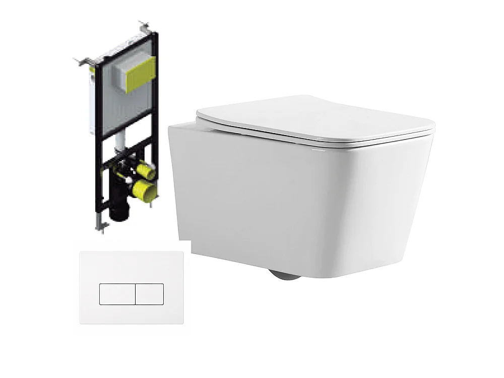 Pack Inodoro Suspendido Cuadrado | Blanco Mate | Rimless con Cisterna Empotrada y Pulsador Blanco