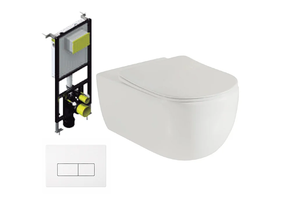 Pack Inodoro Suspendido | Blanco Mate | Rimless con Cisterna Empotrada y Pulsador Blanco