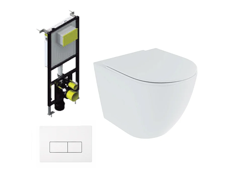 Pack Inodoro Suspendido | Blanco Mate | Rimless con Cisterna Empotrada y Pulsador Blanco