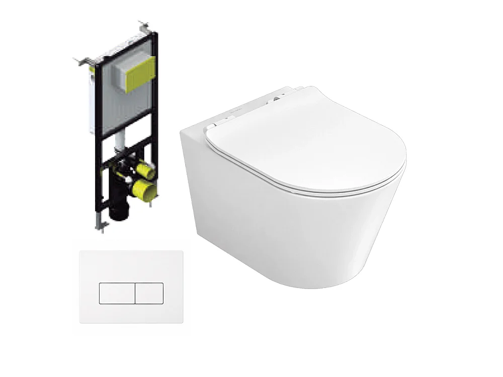 Pack Inodoro Suspendido | Blanco Mate | Rimless con Cisterna Empotrada y Pulsador Blanco