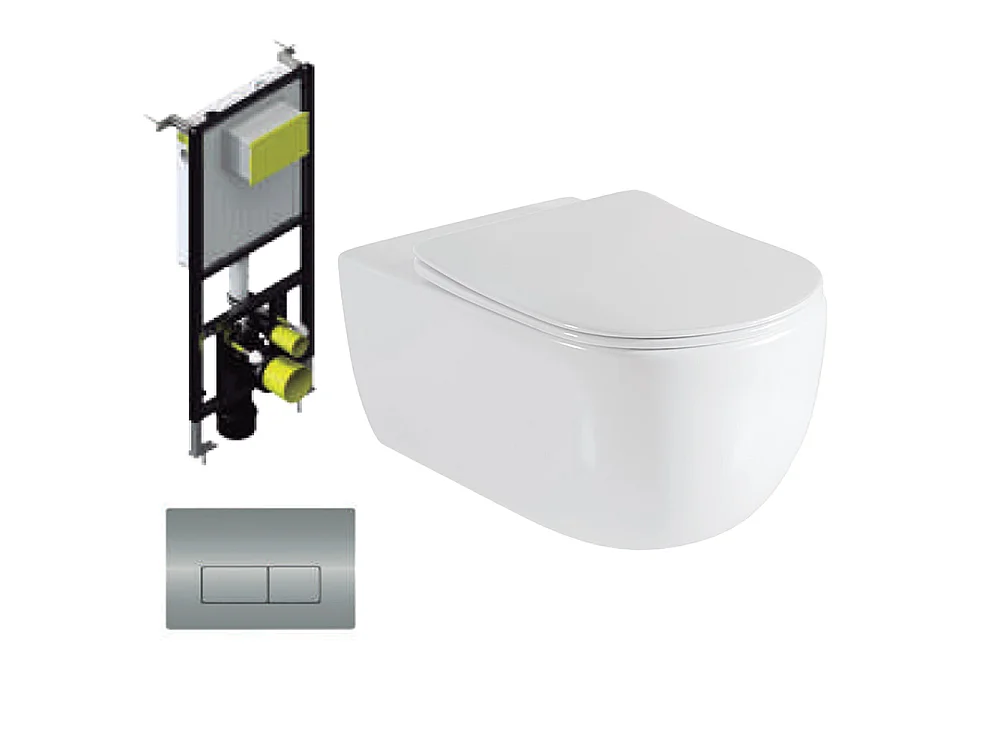 Pack Inodoro Suspendido | Blanco Brillo | Rimless con Cisterna Empotrada y Pulsador Cromo Brillo