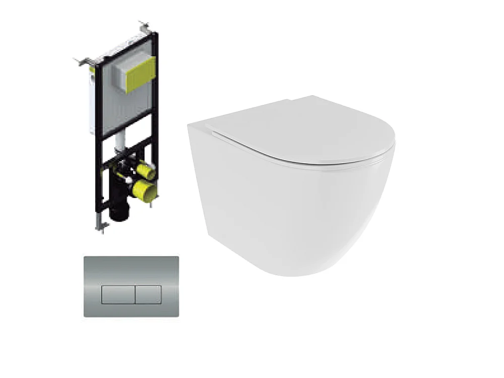 Pack Inodoro Suspendido | Blanco Brillo | Rimless con Cisterna Empotrada y Pulsador Cromo Brillo