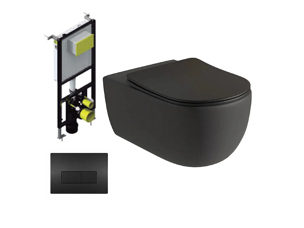 Pack Inodoro Suspendido | Negro Mate | Rimless con Cisterna Empotrada y Pulsador Negro