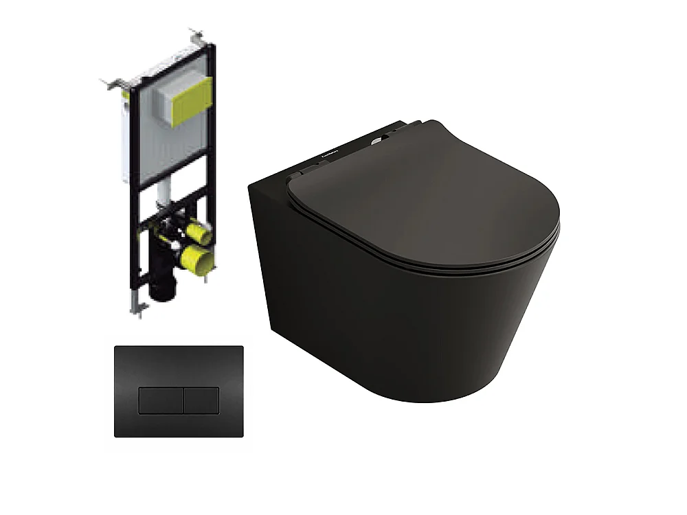 Pack Inodoro Suspendido | Negro Mate | Rimless con Cisterna Empotrada y Pulsador Negro