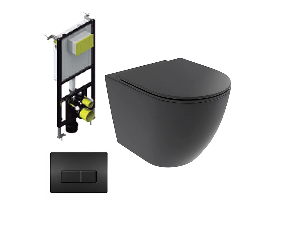 Pack Inodoro Suspendido | Negro Mate | Rimless con Cisterna Empotrada y Pulsador Negro