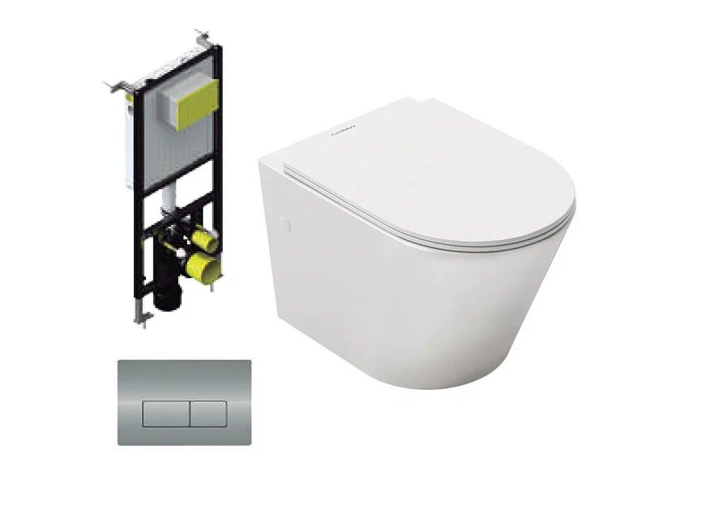 Pack Inodoro Suspendido | Blanco Brillo | Rimless con Cisterna Empotrada y Pulsador Cromo Brillo