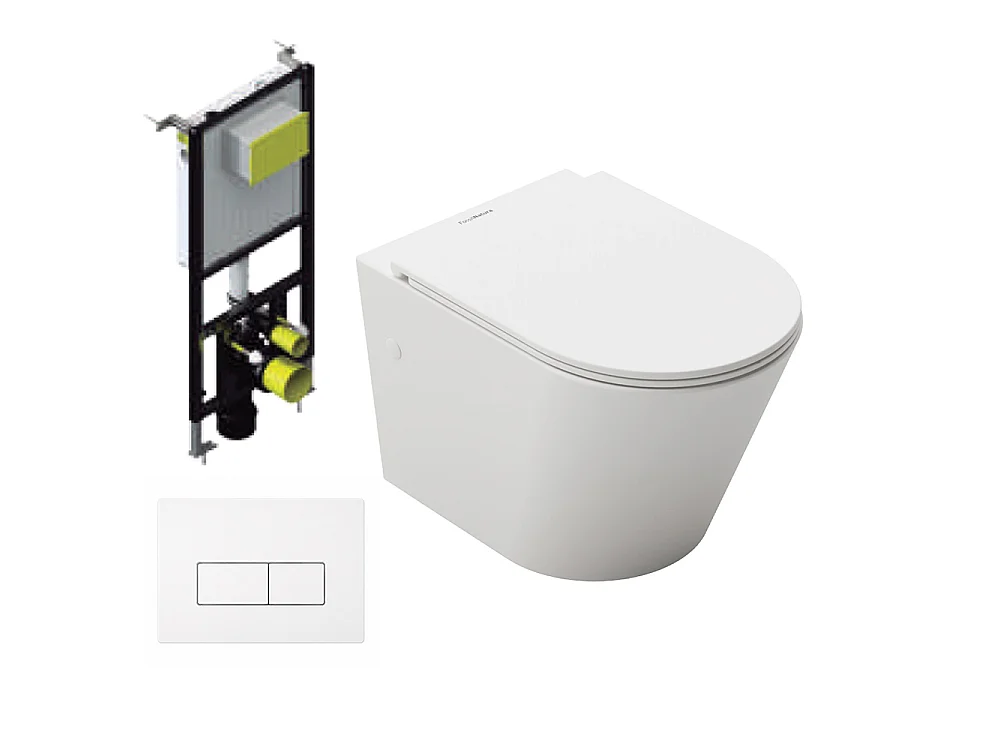 Pack Inodoro Suspendido | Blanco Mate | Rimless con Cisterna Empotrada y Pulsador Blanco
