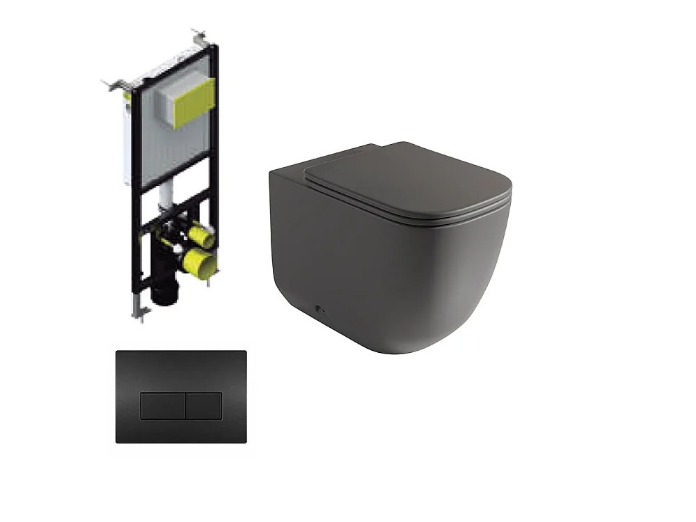 Pack WC Sospeso | Nero Opaco | Rimless con Cassetta da Incasso e Placca di Comando Nera