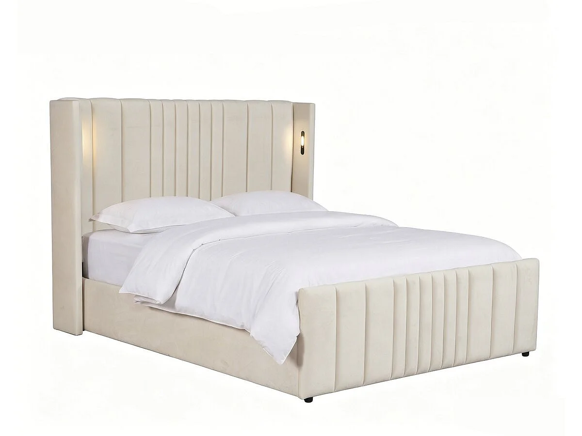 Lit double avec coffre en tissu et lampes intégrés "Verbier" - 140 x 190 cm - Beige