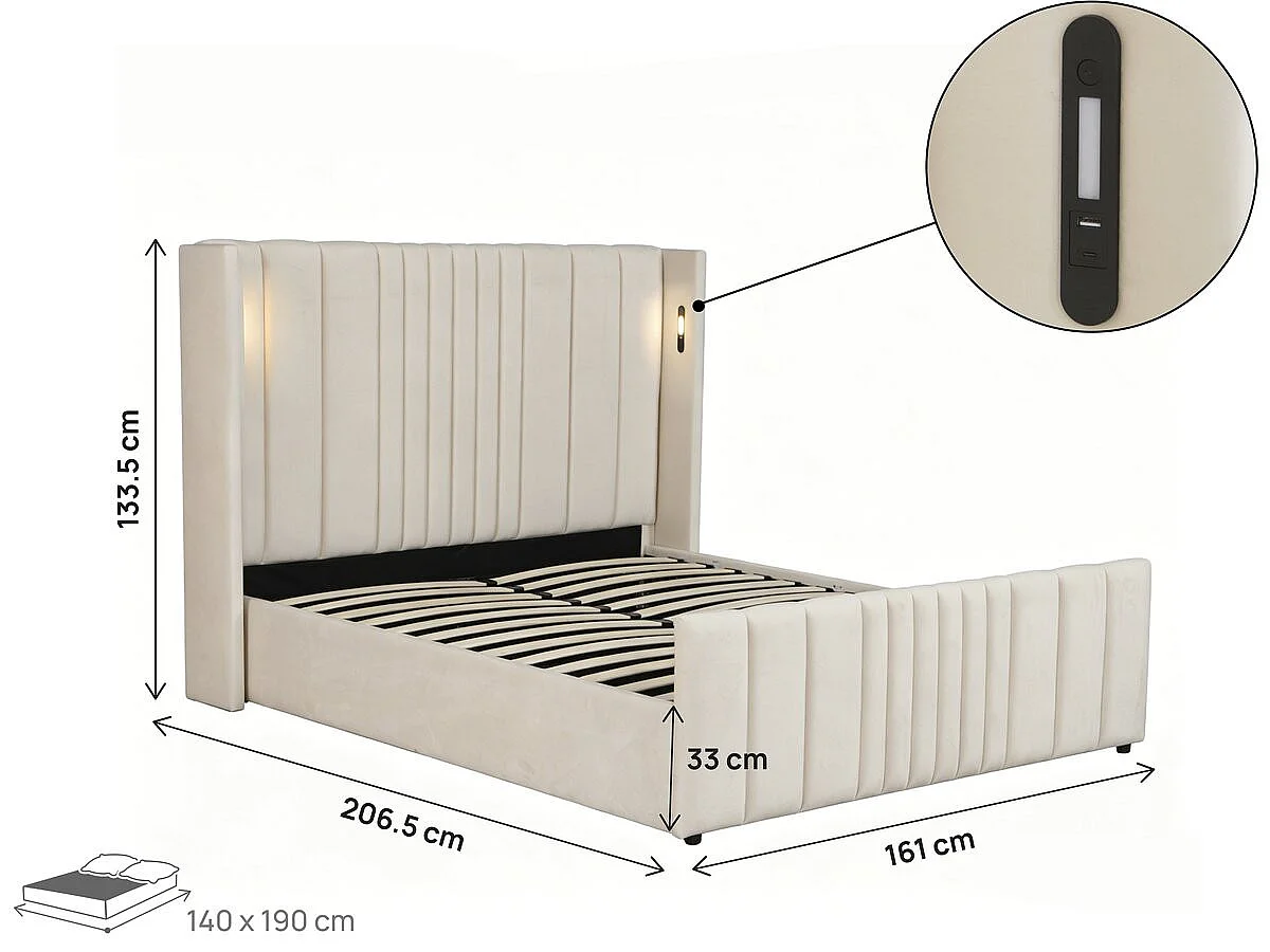 Lit double avec coffre en tissu et lampes intégrés "Verbier" - 140 x 190 cm - Beige