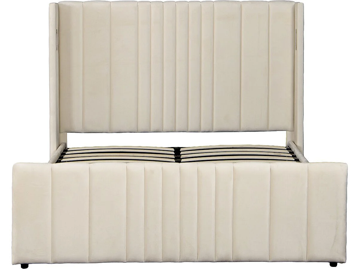 Lit double avec coffre en tissu et lampes intégrés "Verbier" - 140 x 190 cm - Beige