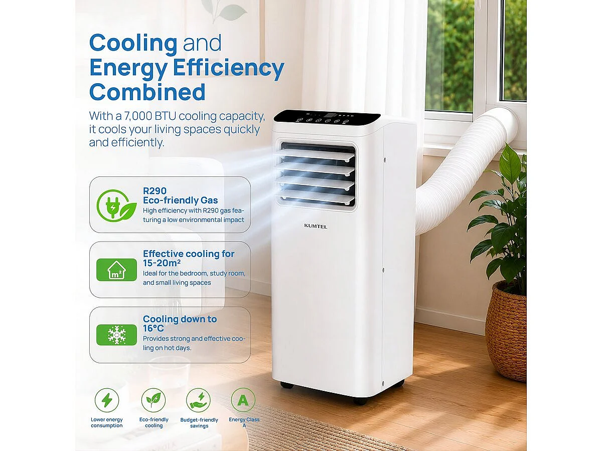 Kumtel Kusunoki KMPAC-7 7000 BTU Draagbare Airconditioner met Afvoerslang - Energielabel A