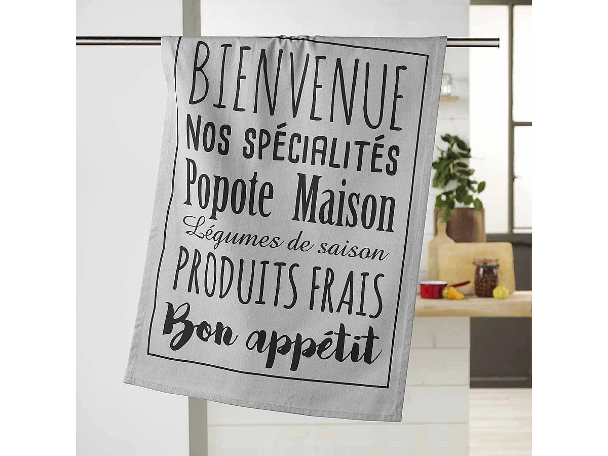 Torchon de Cuisine Imprimé "Popote" 50x70cm Gris