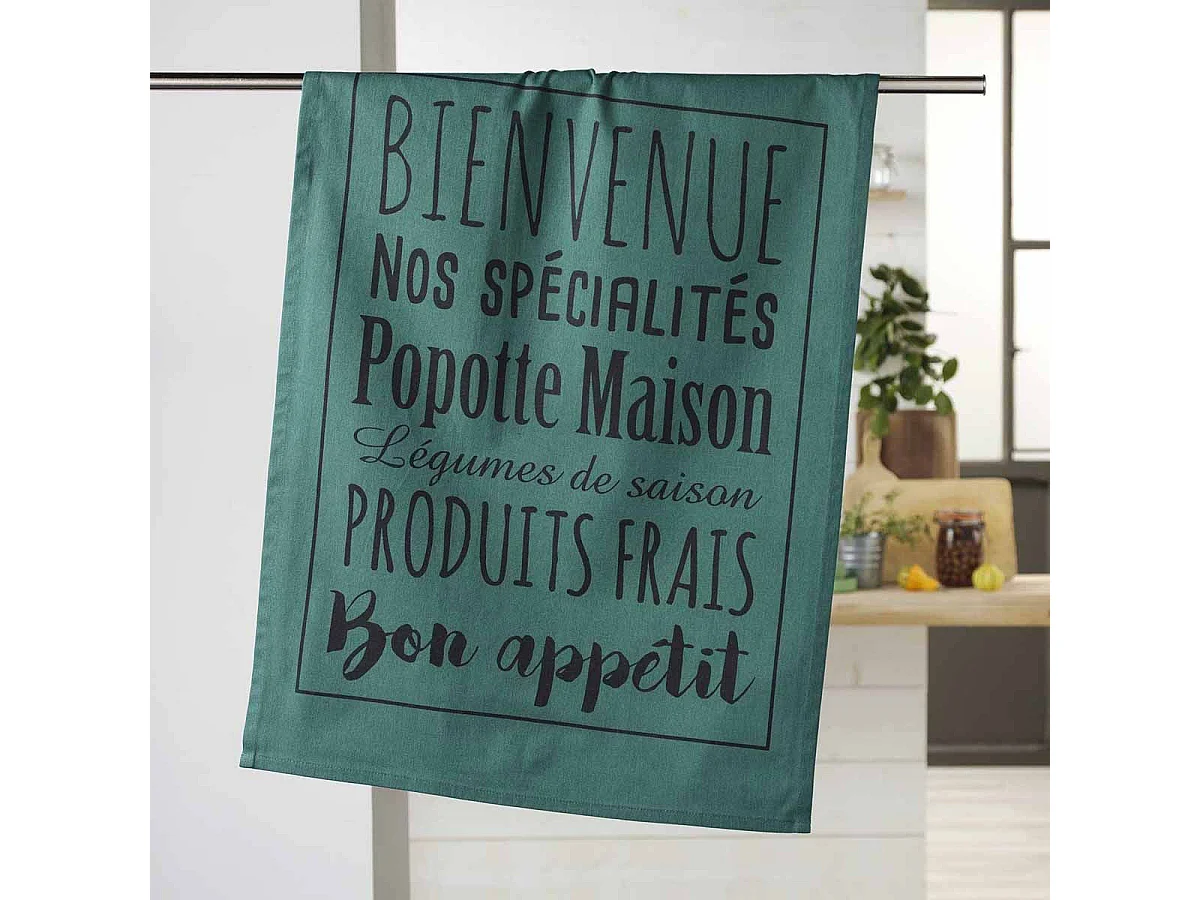 Torchon de Cuisine Imprimé "Popote" 50x70cm Émeraude