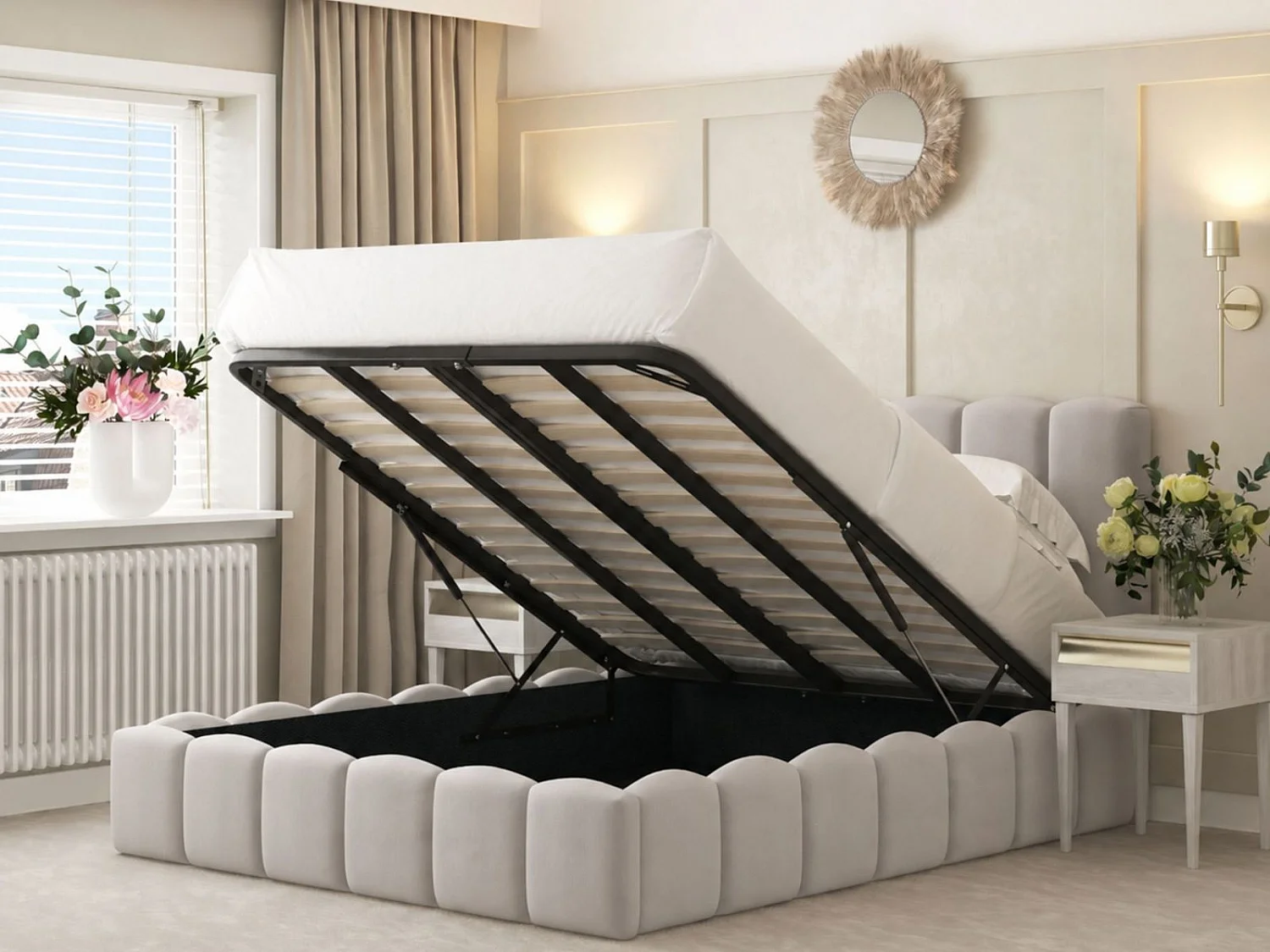 Mayfair Upholstered Bubble Bed Frame with 54" Headboard & Ottoman Storage (Silver) - 180 x 200 cm