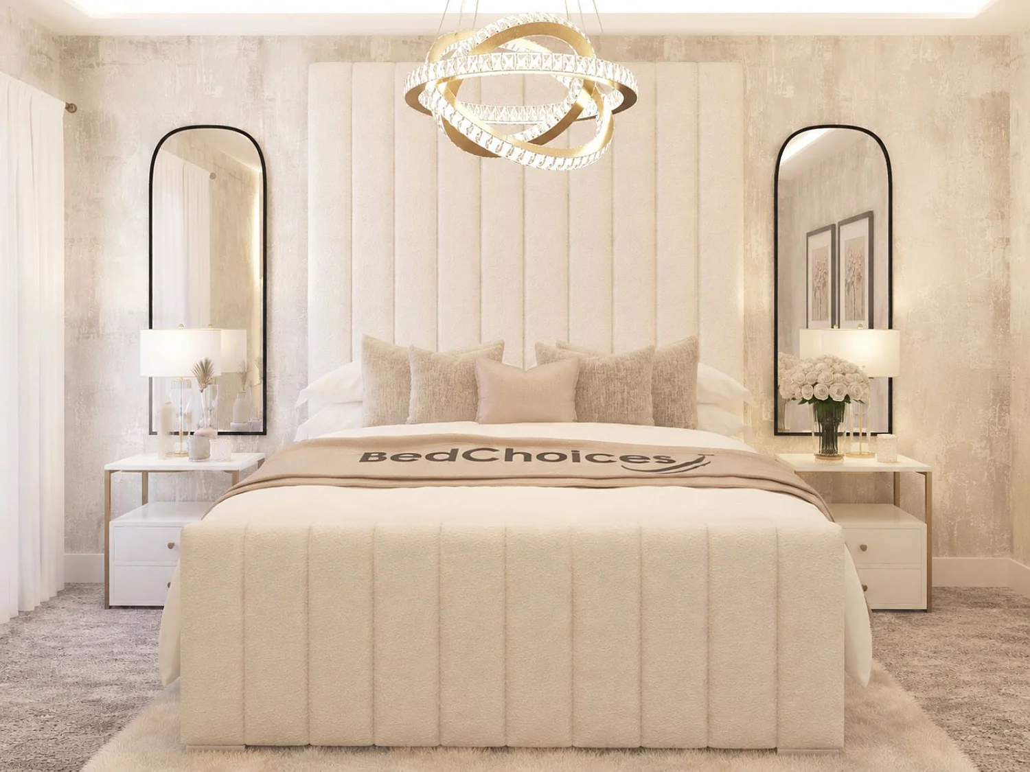 Kensington Upholstered Boucle Bed Frame with 70" Headboard (Cream) - 150 x 200 cm