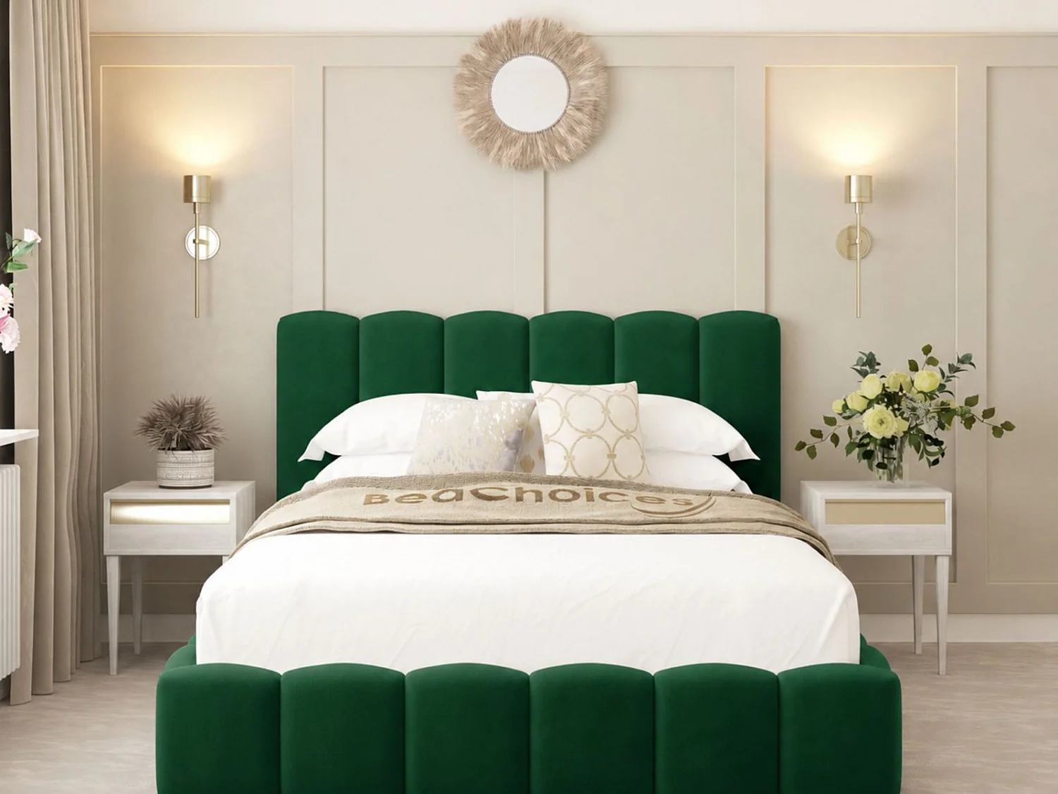 Mayfair Upholstered Bubble Bed Frame with 54" Headboard & Chelsea mattress (Green) - 120 x 190 cm