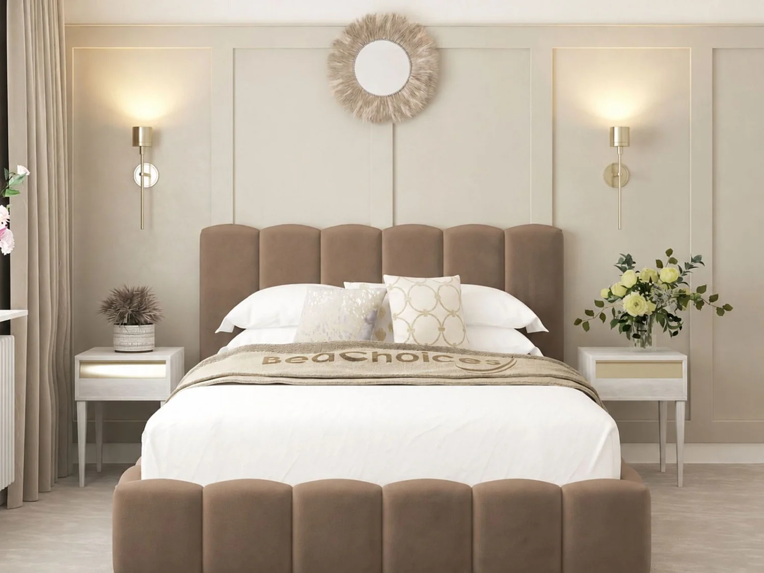 Mayfair Upholstered Bubble Bed Frame with 54" Headboard & Chelsea mattress (Taupe) - 90 x 190 cm