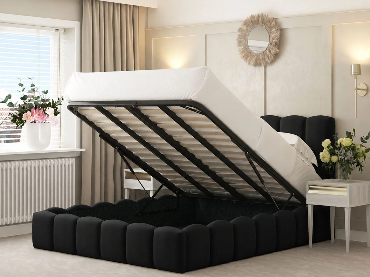 Mayfair Upholstered Bubble Bed Frame with 54" Headboard & Ottoman Storage (Black) - 135 x 190 cm