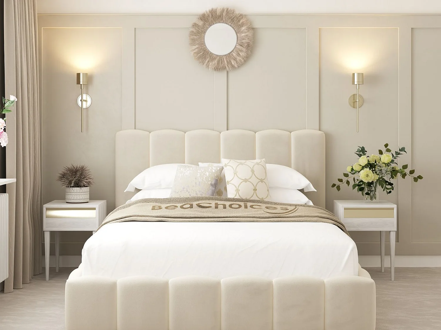 Mayfair Upholstered Bubble Bed Frame with 54" Headboard & Chelsea mattress (Cream) - 150 x 200 cm