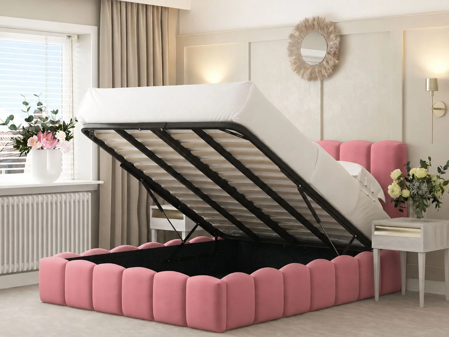 Mayfair Upholstered Bubble Bed Frame with 54" Headboard & Ottoman Storage (Pink) - 90 x 190 cm
