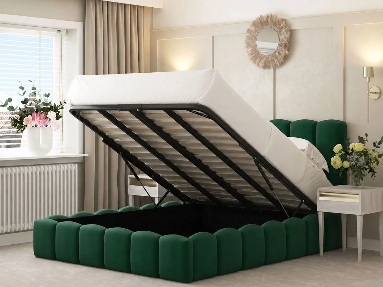 Mayfair Upholstered Bubble Bed Frame with 54" Headboard & Ottoman Storage (Green) - 150 x 200 cm