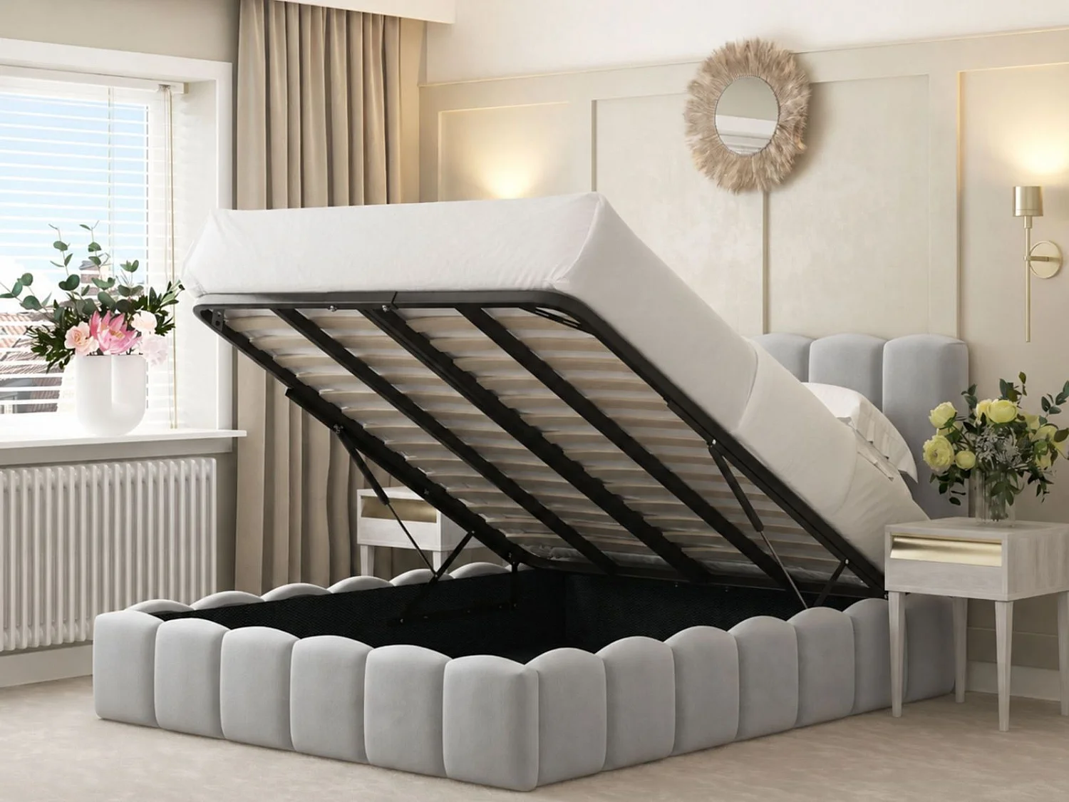 Mayfair Upholstered Bubble Bed Frame with 54" Headboard & Ottoman Storage (Grey) - 90 x 190 cm